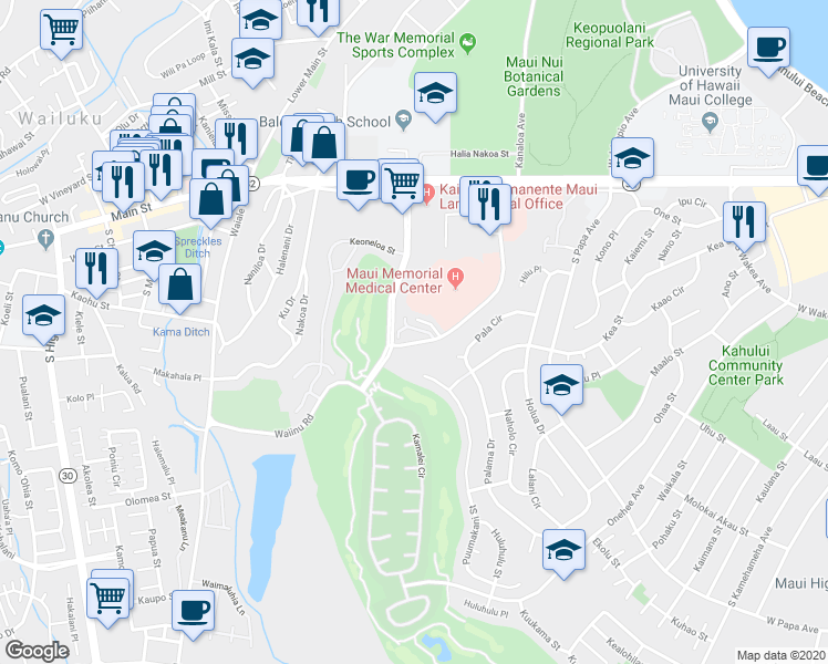 map of restaurants, bars, coffee shops, grocery stores, and more near 355 Mahalani Street in Wailuku