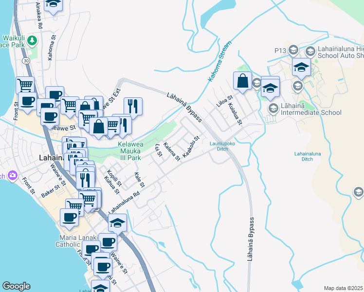 map of restaurants, bars, coffee shops, grocery stores, and more near 844 Kaakepa Street in Lahaina