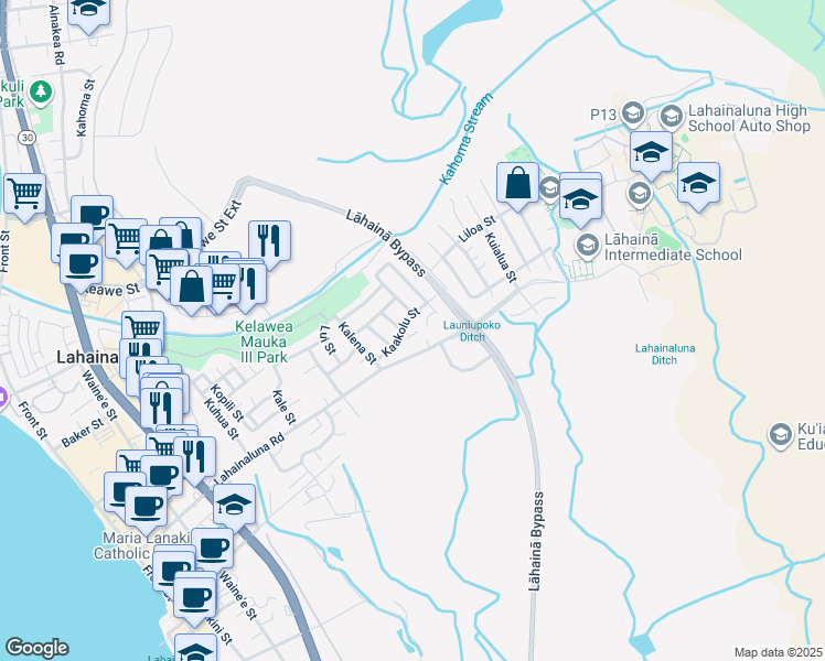 map of restaurants, bars, coffee shops, grocery stores, and more near 622 Kaalo Place in Lahaina