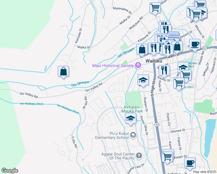 map of restaurants, bars, coffee shops, grocery stores, and more near 123 Hoolaau Street in Wailuku