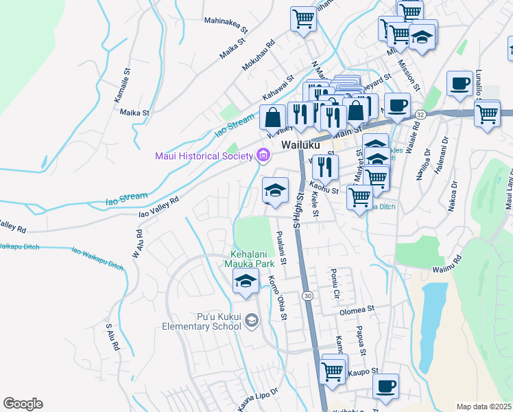 map of restaurants, bars, coffee shops, grocery stores, and more near 244 Lau Oliwa Loop in Wailuku