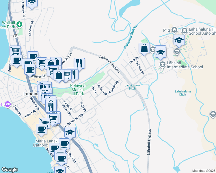 map of restaurants, bars, coffee shops, grocery stores, and more near 844 Kaakepa Street in Lahaina