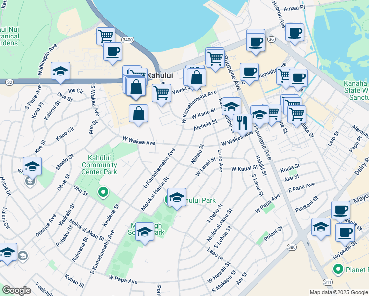 map of restaurants, bars, coffee shops, grocery stores, and more near 242 Molokai Hema Street in Kahului