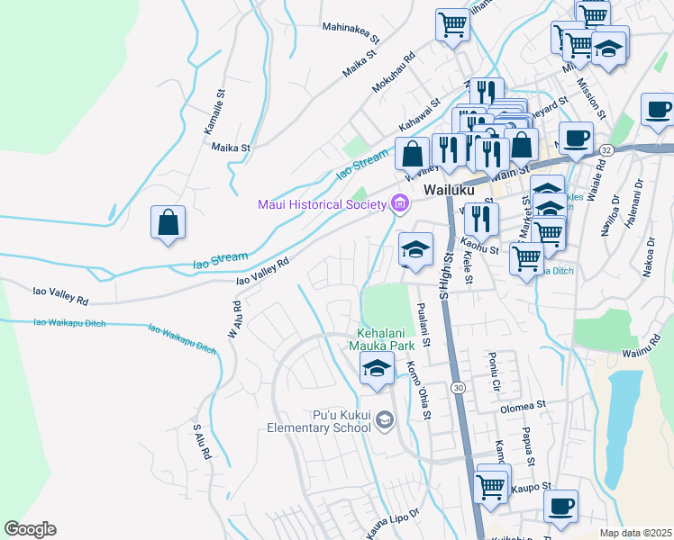 map of restaurants, bars, coffee shops, grocery stores, and more near 155 Akialoa Place in Wailuku