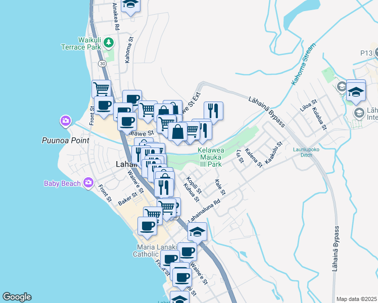 map of restaurants, bars, coffee shops, grocery stores, and more near 201 Komo Mai Street in Lahaina