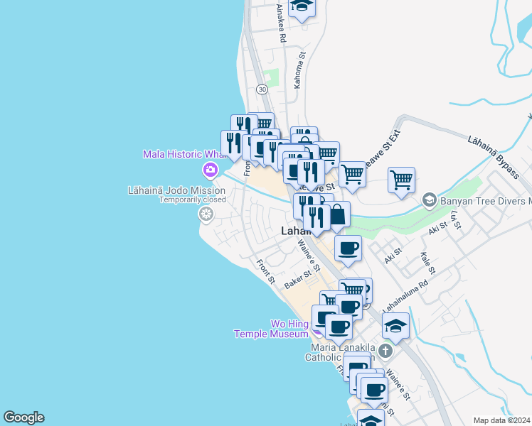map of restaurants, bars, coffee shops, grocery stores, and more near 292 Kahoma Village Loop in Lahaina