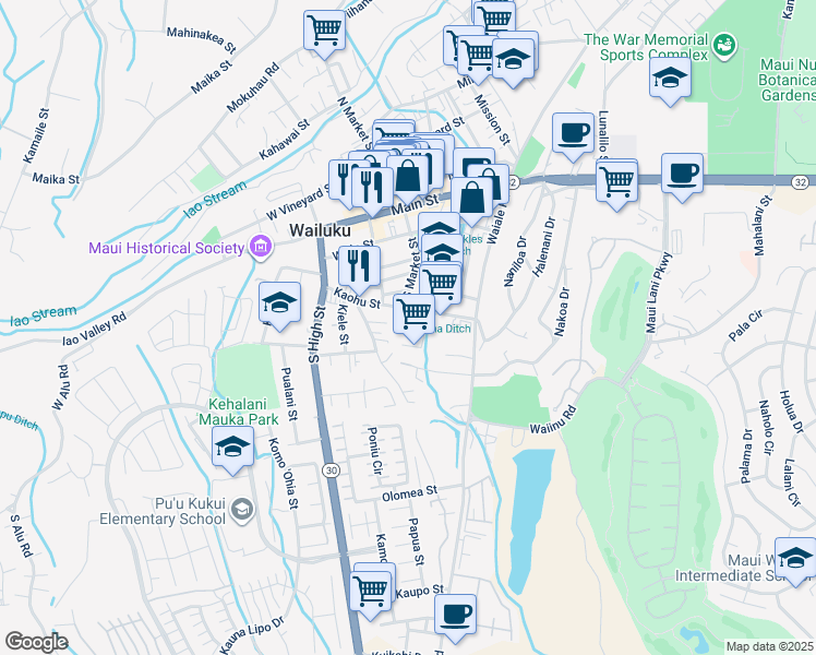 map of restaurants, bars, coffee shops, grocery stores, and more near 1971 Kalawi Place in Wailuku