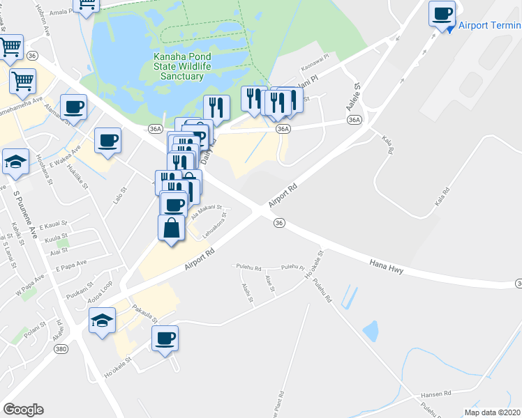 map of restaurants, bars, coffee shops, grocery stores, and more near Airport Road in Kahului