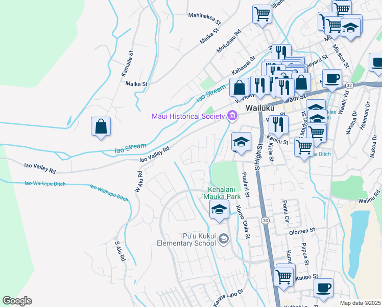 map of restaurants, bars, coffee shops, grocery stores, and more near Po`ouli Street in Wailuku