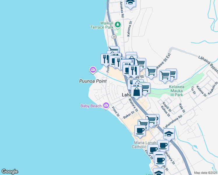 map of restaurants, bars, coffee shops, grocery stores, and more near 667 Hoe Kawele Lane in Lahaina