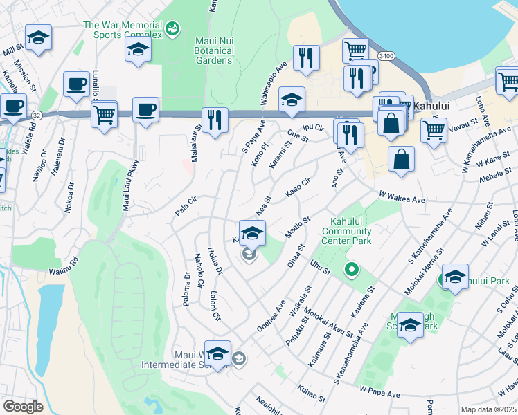 map of restaurants, bars, coffee shops, grocery stores, and more near 584 Kea Street in Kahului