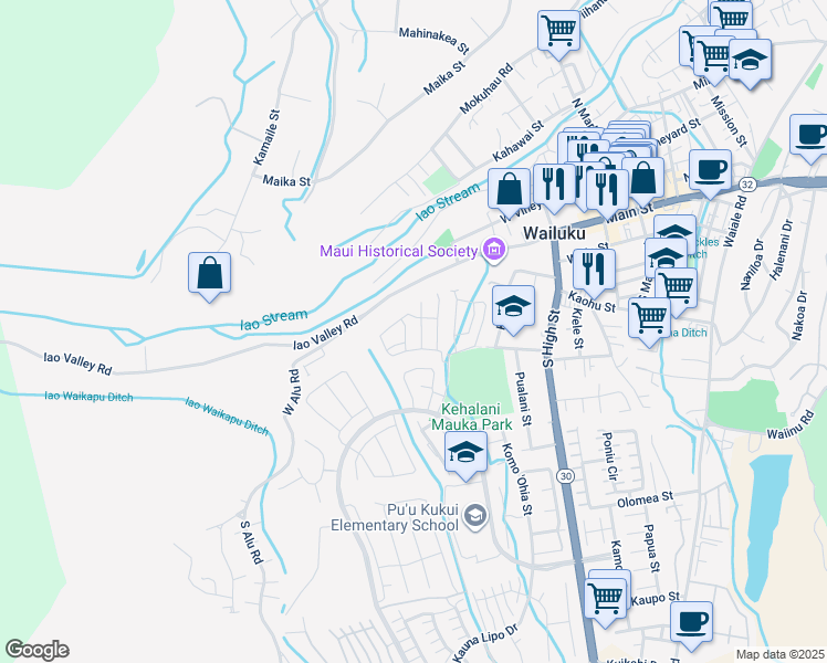 map of restaurants, bars, coffee shops, grocery stores, and more near 69 Ho`ola`au Street in Wailuku