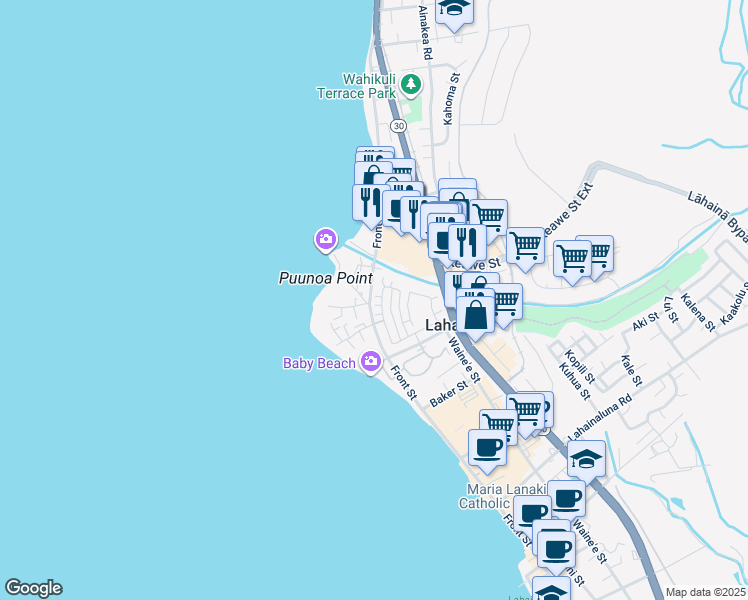 map of restaurants, bars, coffee shops, grocery stores, and more near 478 Kahoma Village Loop in Lahaina
