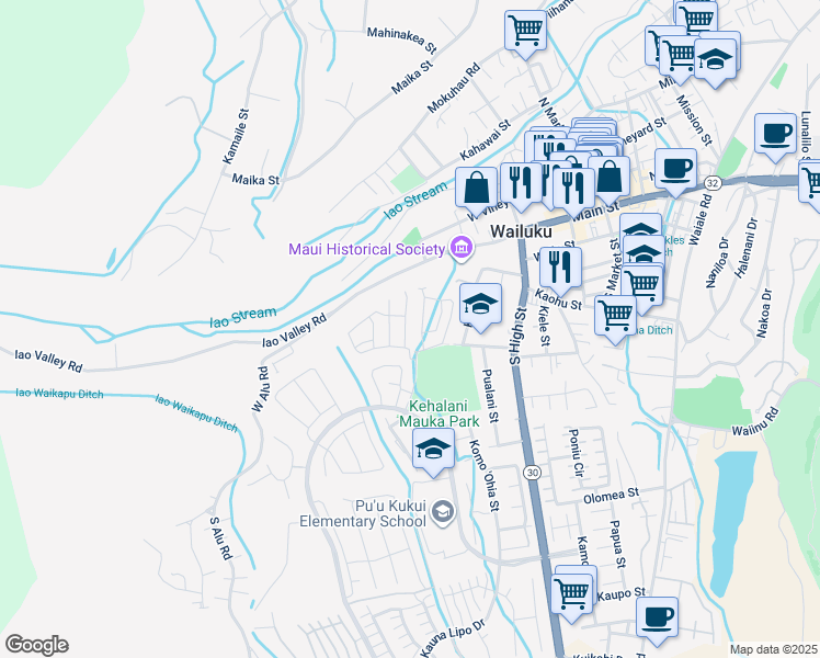 map of restaurants, bars, coffee shops, grocery stores, and more near 32 Kakawahie Street in Wailuku