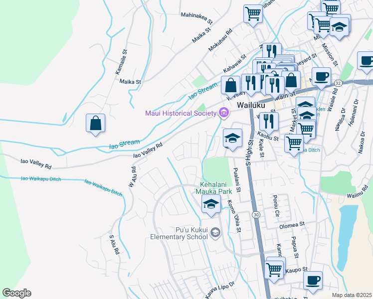 map of restaurants, bars, coffee shops, grocery stores, and more near 163 Akialoa Place in Wailuku
