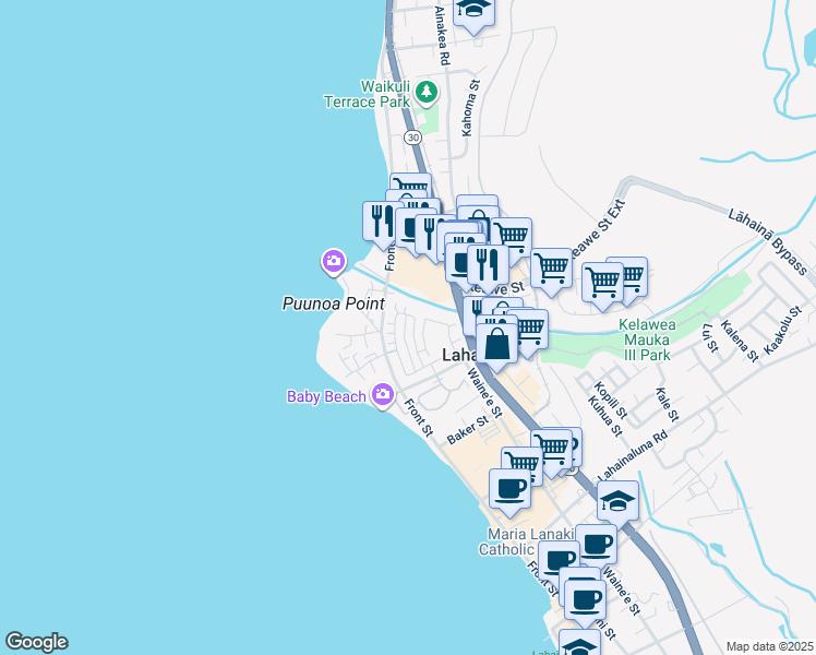map of restaurants, bars, coffee shops, grocery stores, and more near 668 Hoe Kawele Lane in Lahaina