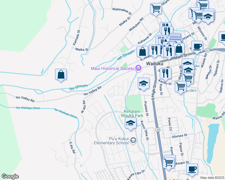 map of restaurants, bars, coffee shops, grocery stores, and more near 138 Hoolaau Street in Wailuku