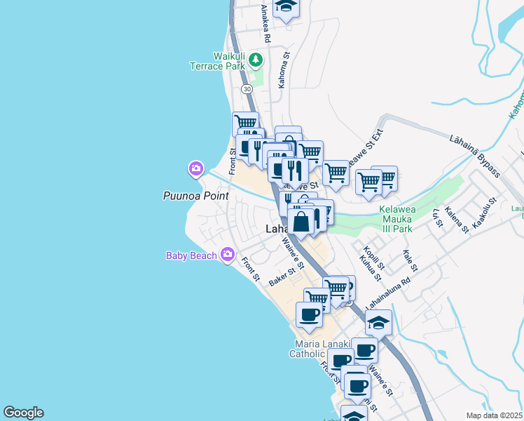 map of restaurants, bars, coffee shops, grocery stores, and more near 269 Kahoma Village Loop in Lahaina