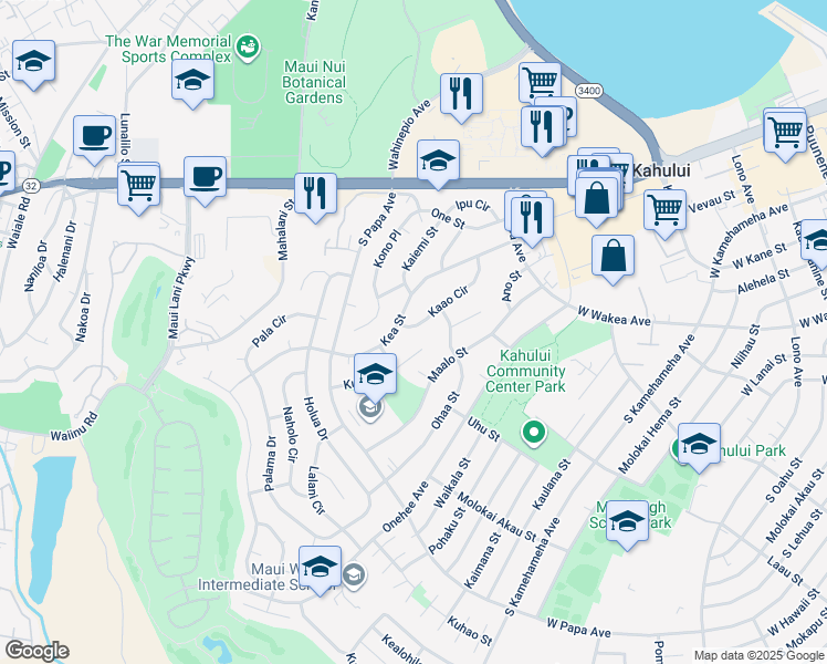 map of restaurants, bars, coffee shops, grocery stores, and more near 535 Kaao Circle in Kahului