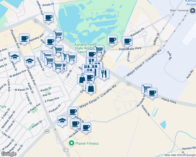 map of restaurants, bars, coffee shops, grocery stores, and more near 377 Ala Makani Street in Kahului