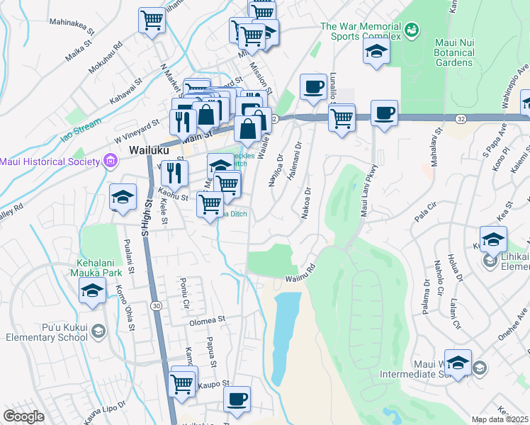 map of restaurants, bars, coffee shops, grocery stores, and more near 323 Naniloa Drive in Wailuku