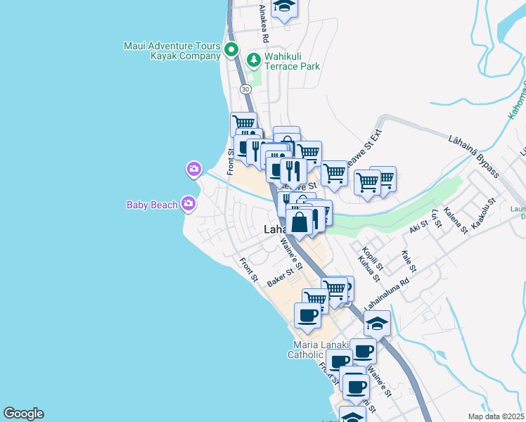 map of restaurants, bars, coffee shops, grocery stores, and more near 275 Kahoma Village Loop in Lahaina