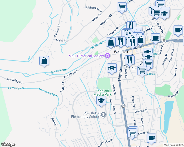 map of restaurants, bars, coffee shops, grocery stores, and more near 160 Akialoa Place in Wailuku