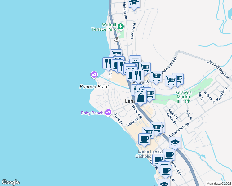 map of restaurants, bars, coffee shops, grocery stores, and more near 656 Hoe Kawele Lane in Lahaina