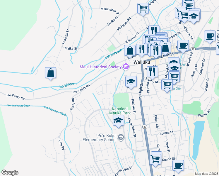 map of restaurants, bars, coffee shops, grocery stores, and more near 24 Kakawahie Street in Wailuku