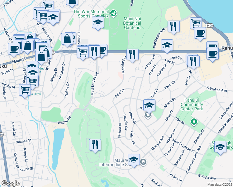 map of restaurants, bars, coffee shops, grocery stores, and more near 780 Pala Circle in Kahului