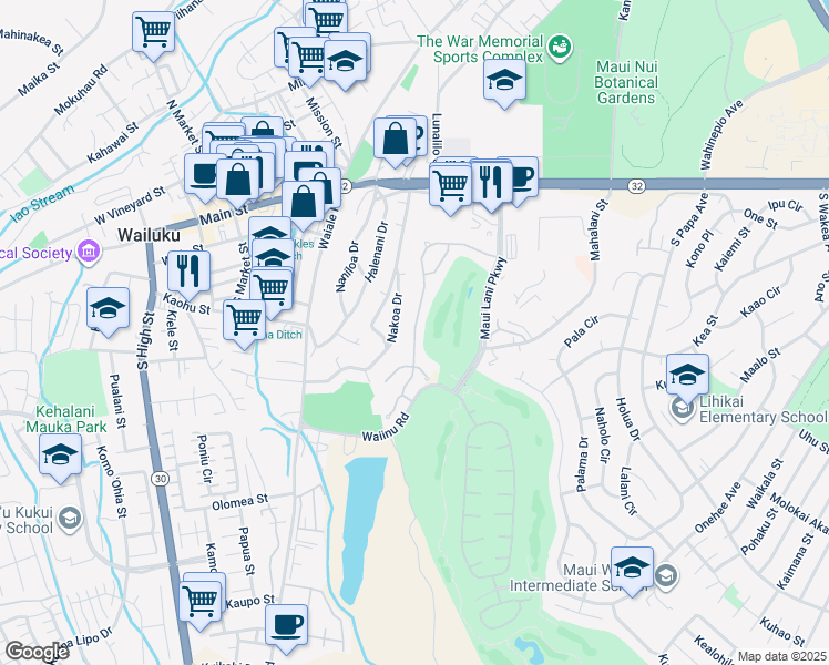 map of restaurants, bars, coffee shops, grocery stores, and more near 144 Keoneloa Street in Wailuku