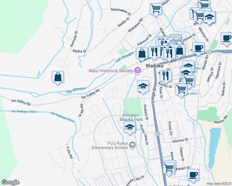 map of restaurants, bars, coffee shops, grocery stores, and more near 83 Hoolaau Street in Wailuku