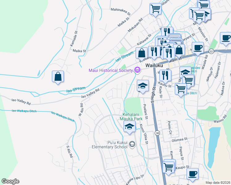map of restaurants, bars, coffee shops, grocery stores, and more near 69 Ho`ola`au Street in Wailuku