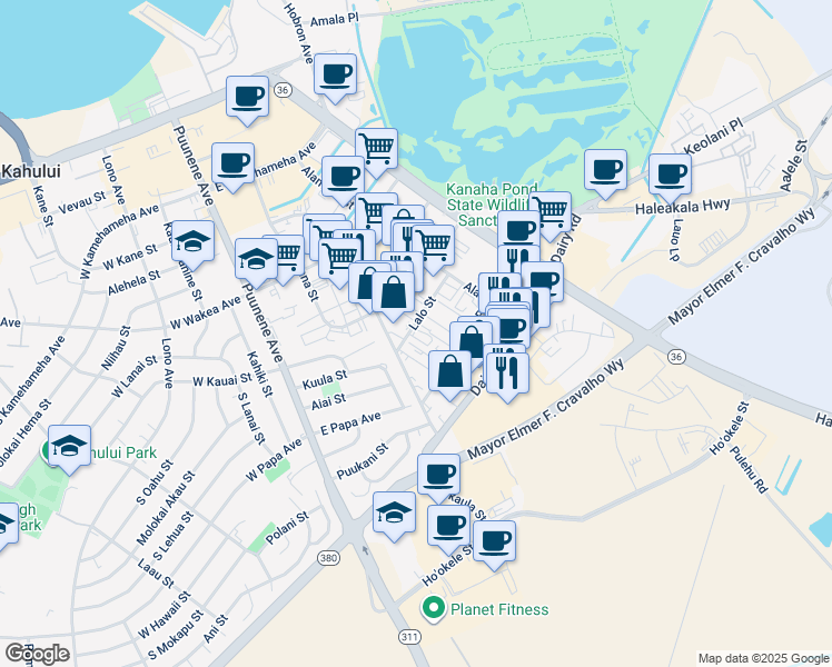 map of restaurants, bars, coffee shops, grocery stores, and more near 234 Lalo Street in Kahului