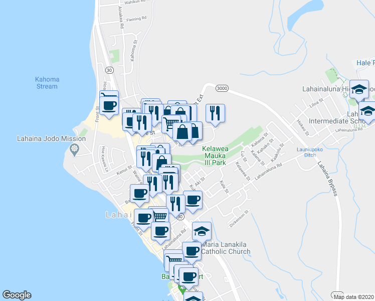 map of restaurants, bars, coffee shops, grocery stores, and more near 130 Kupuohi Street in Lahaina