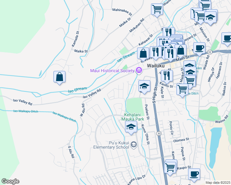 map of restaurants, bars, coffee shops, grocery stores, and more near Po`ouli Street in Wailuku