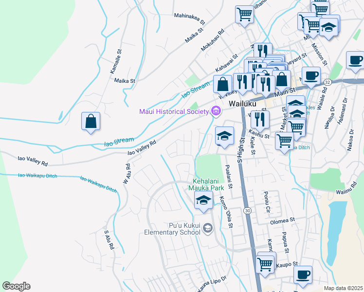 map of restaurants, bars, coffee shops, grocery stores, and more near 161 Akialoa Place in Wailuku