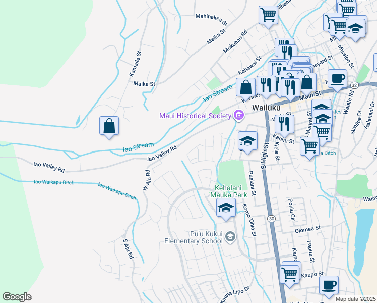 map of restaurants, bars, coffee shops, grocery stores, and more near 125 Hoolaau Street in Wailuku
