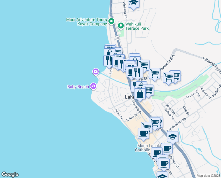 map of restaurants, bars, coffee shops, grocery stores, and more near 525 Kahoma Village Loop in Lahaina