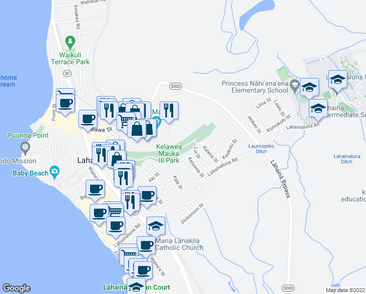 map of restaurants, bars, coffee shops, grocery stores, and more near 201 Komo Mai Street in Lahaina