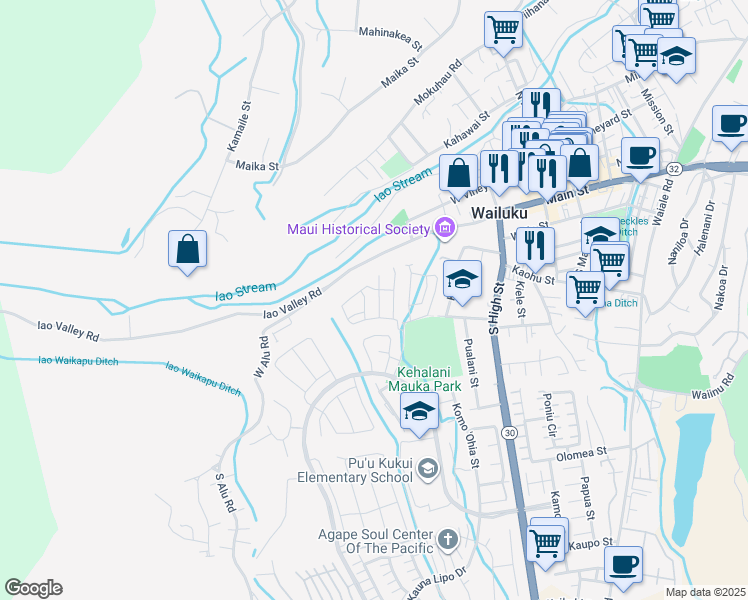 map of restaurants, bars, coffee shops, grocery stores, and more near 123 Hoolaau Street in Wailuku