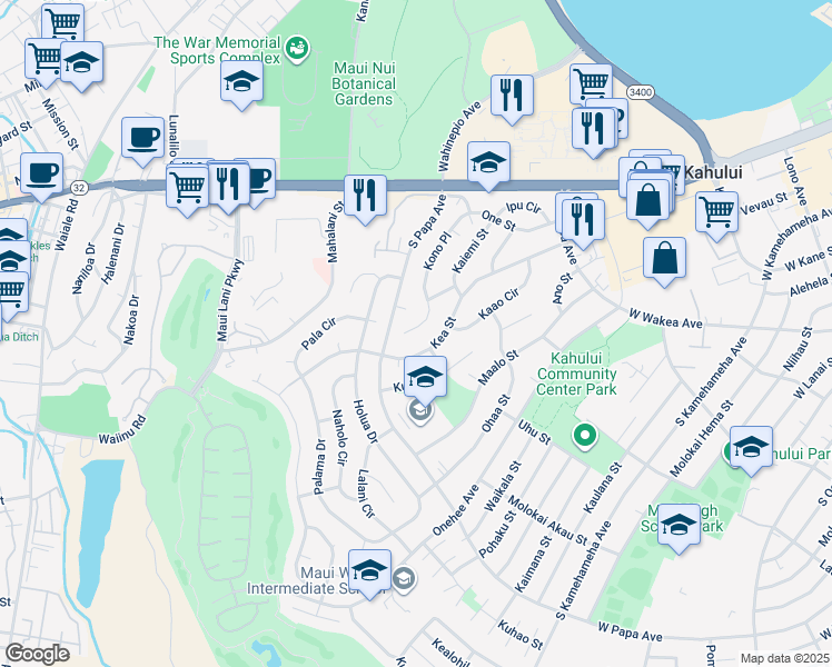 map of restaurants, bars, coffee shops, grocery stores, and more near 205 Kono Place in Kahului