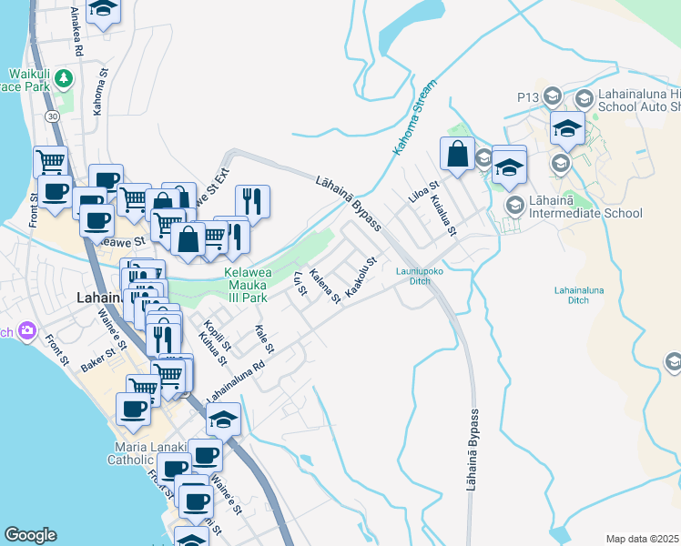 map of restaurants, bars, coffee shops, grocery stores, and more near 850 Kaakepa Street in Lahaina