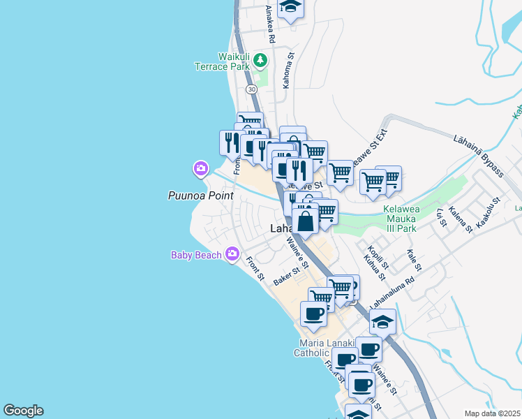 map of restaurants, bars, coffee shops, grocery stores, and more near 286 Kahoma Village Loop in Lahaina