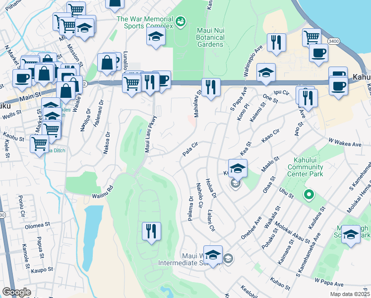 map of restaurants, bars, coffee shops, grocery stores, and more near 780 Pala Circle in Kahului