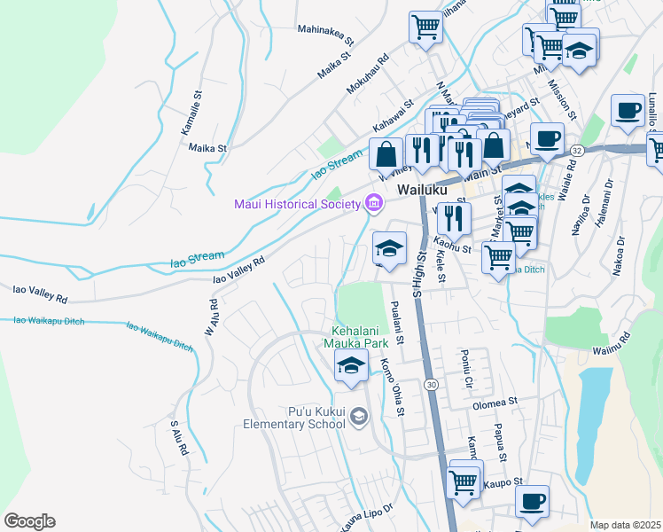 map of restaurants, bars, coffee shops, grocery stores, and more near 32 Kakawahie Street in Wailuku