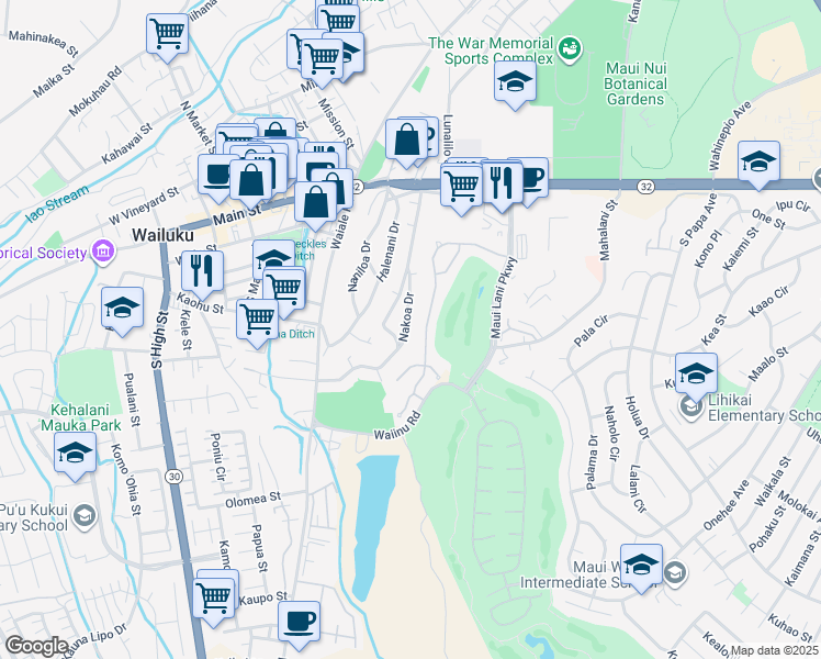 map of restaurants, bars, coffee shops, grocery stores, and more near 202 Nakoa Drive in Wailuku