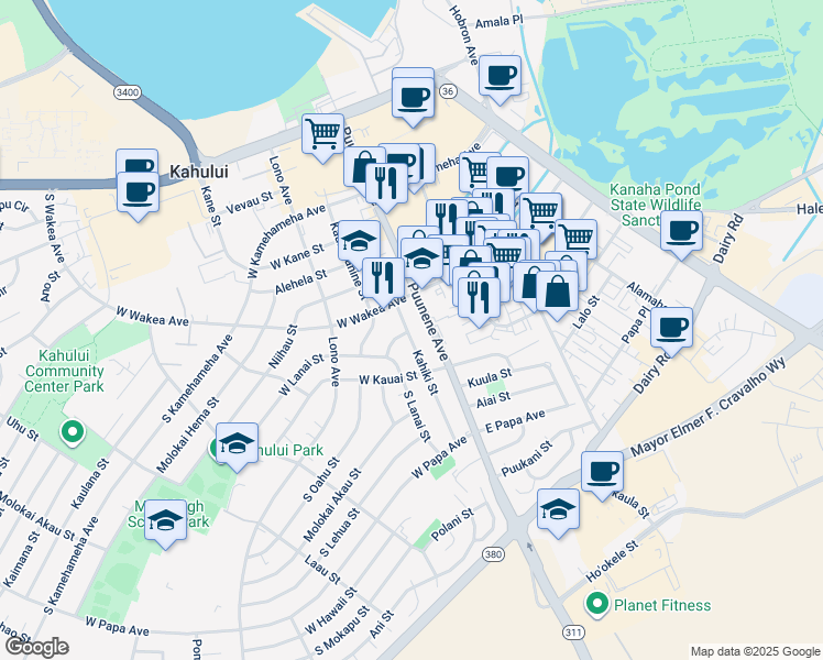 map of restaurants, bars, coffee shops, grocery stores, and more near 293 Kahiki Street in Kahului