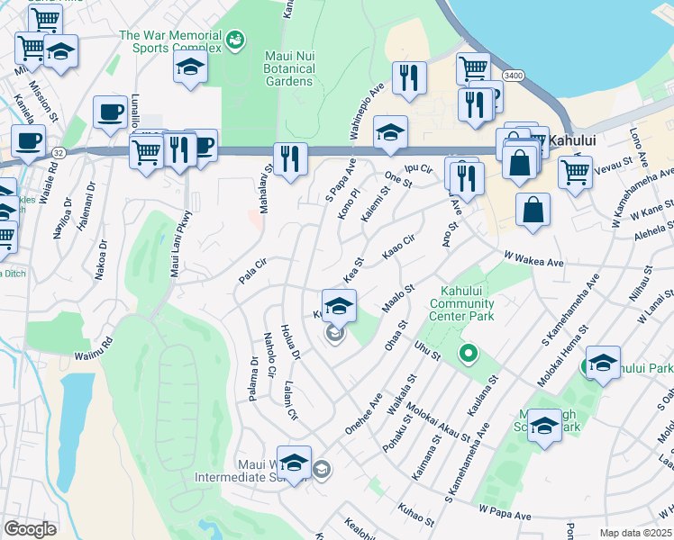 map of restaurants, bars, coffee shops, grocery stores, and more near 197 Kono Place in Kahului
