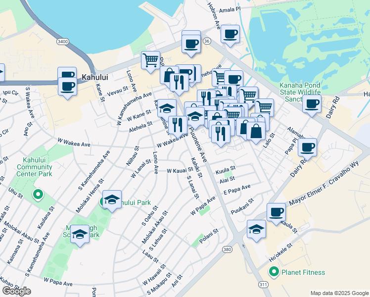 map of restaurants, bars, coffee shops, grocery stores, and more near 40 Molokini Street in Kahului